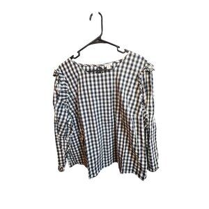 J.Crew Womens Navy & White Gingham Plaid Blouse 3X Cotton Blend Ruffle Sleeve